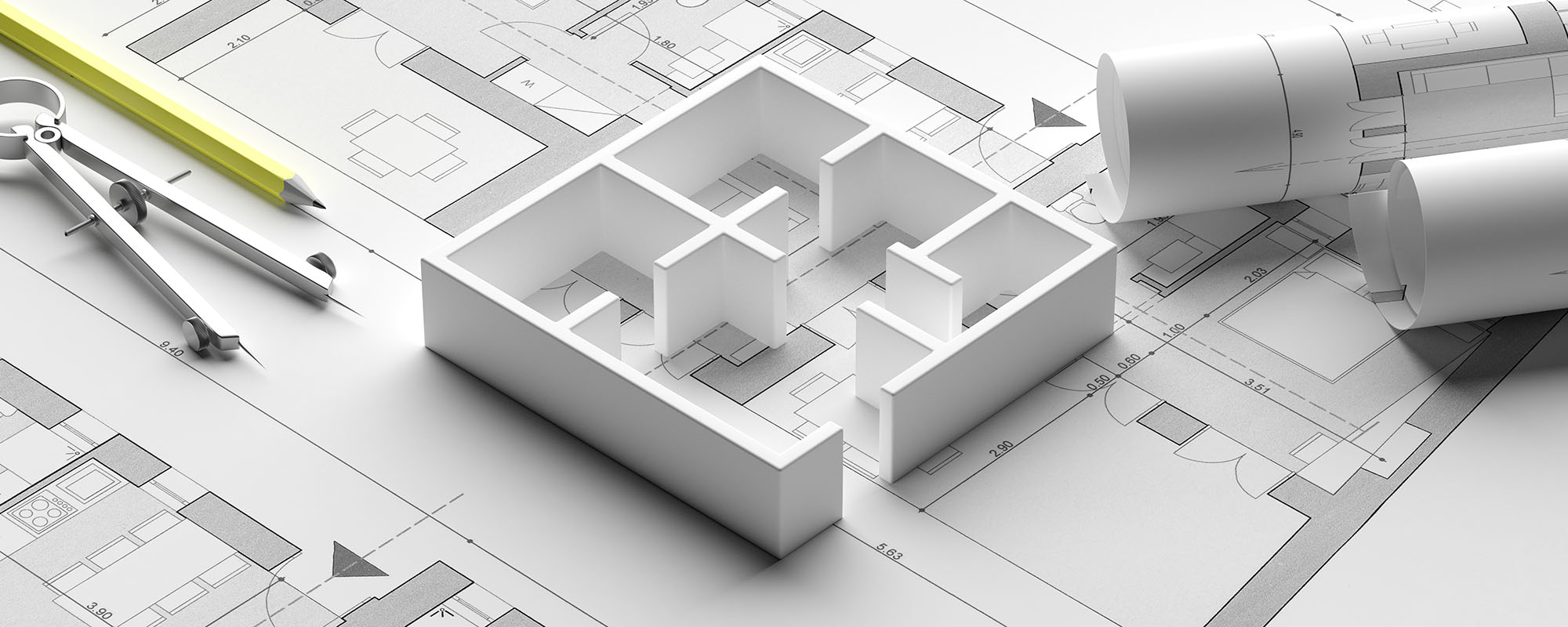 Building project blueprint plans and house model. Real estate, construction concept, banner. Architecture design. 3d illustration